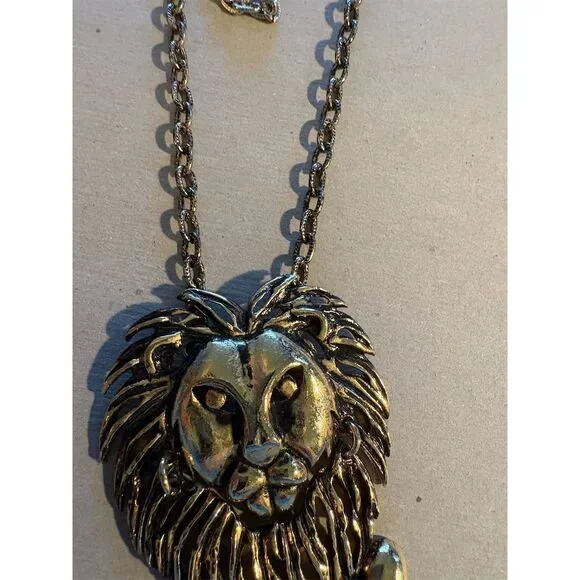 Vintage Gold Tone Lion Pendant Necklace 20" Unisex Articulated Original - Picture 5 of 5